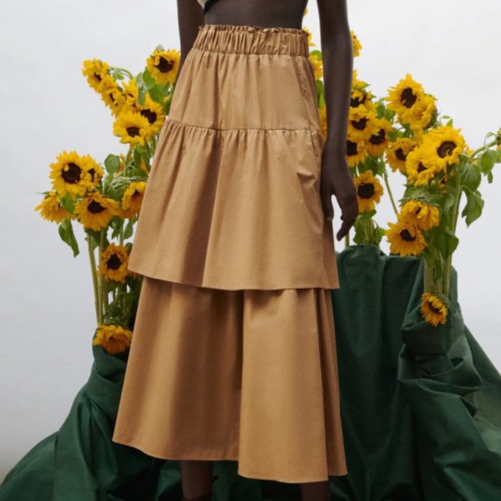 Beige High Waisted A-line Ruffled Poplin Skirt   NWT